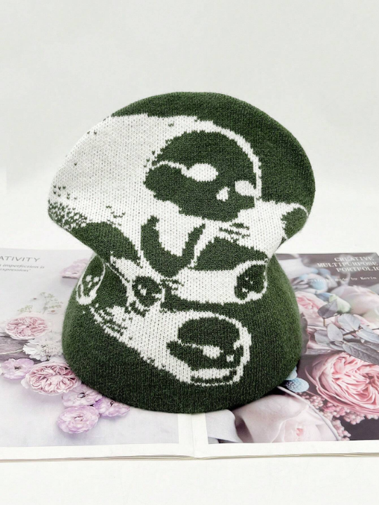 1pc Knitted Green Jacquard Ghost Skull Pattern Slouchy Beanie, Soft, Lightweight And Breathable For Street Style