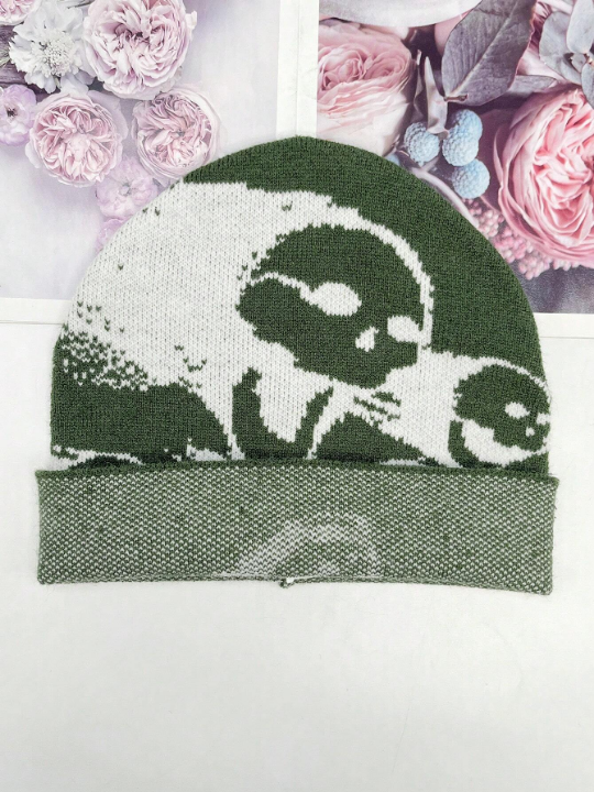 1pc Knitted Green Jacquard Ghost Skull Pattern Slouchy Beanie, Soft, Lightweight And Breathable For Street Style