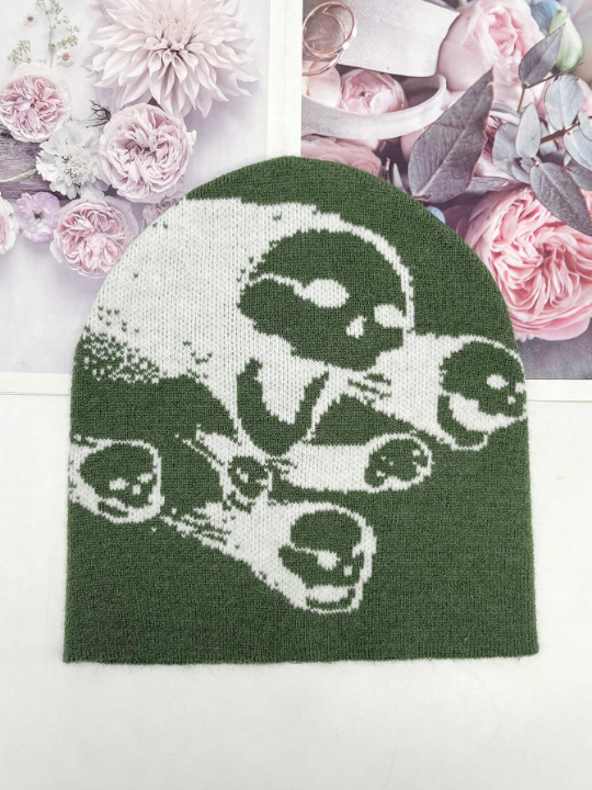 1pc Knitted Green Jacquard Ghost Skull Pattern Slouchy Beanie, Soft, Lightweight And Breathable For Street Style