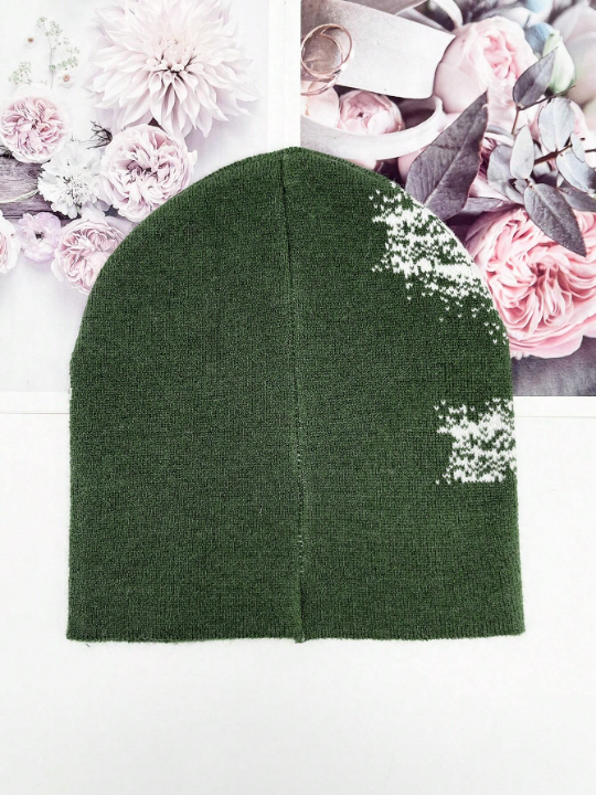 1pc Knitted Green Jacquard Ghost Skull Pattern Slouchy Beanie, Soft, Lightweight And Breathable For Street Style