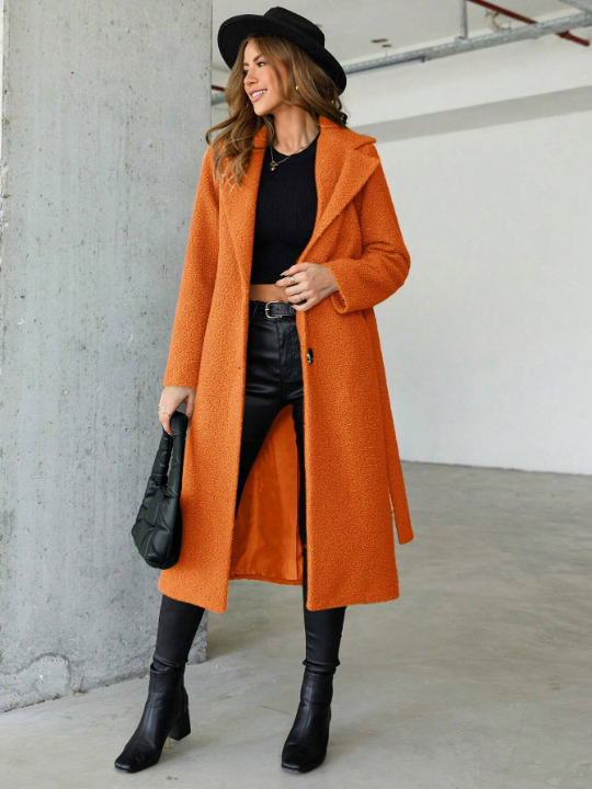 Women's Turn Down Collar Belted Woolen Coat