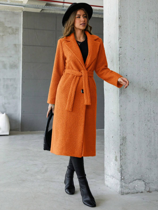 Women's Turn Down Collar Belted Woolen Coat