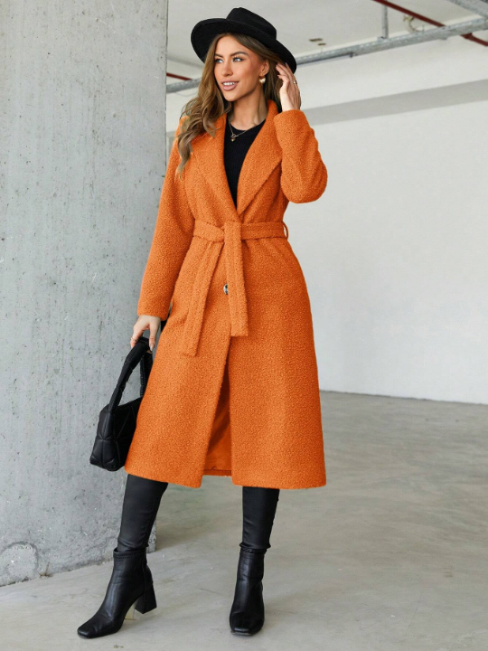 Women's Turn Down Collar Belted Woolen Coat