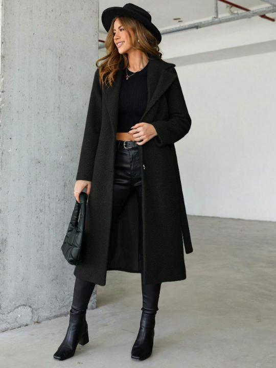 Ladies Lapel Belted Woolen Coat