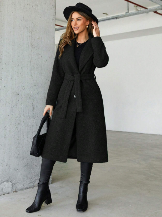 Ladies Lapel Belted Woolen Coat