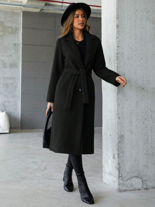 Ladies Lapel Belted Woolen Coat