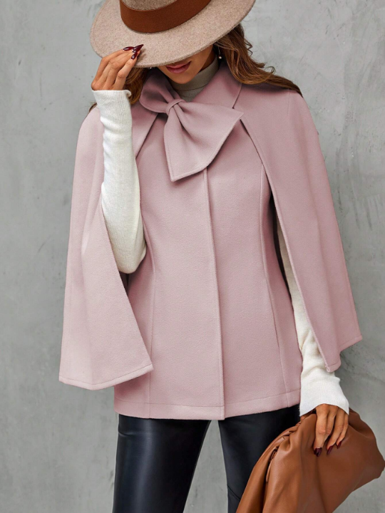 Women's Pink Lapel Neck Cape Sleeve Woolen Coat With Bow Decoration