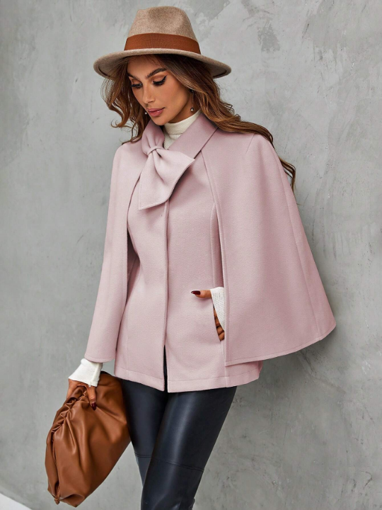 Women's Pink Lapel Neck Cape Sleeve Woolen Coat With Bow Decoration