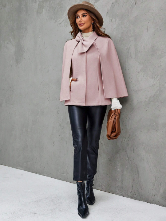 Women's Pink Lapel Neck Cape Sleeve Woolen Coat With Bow Decoration