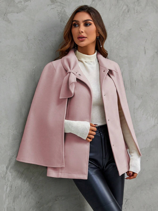 Women's Pink Lapel Neck Cape Sleeve Woolen Coat With Bow Decoration