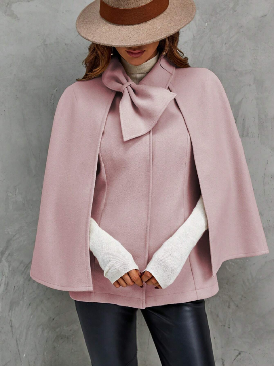 Women's Pink Lapel Neck Cape Sleeve Woolen Coat With Bow Decoration