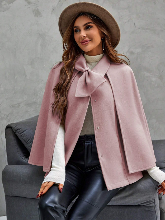 Women's Pink Lapel Neck Cape Sleeve Woolen Coat With Bow Decoration