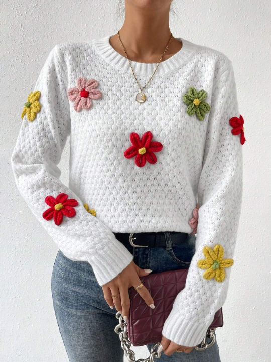 Essnce Women's Stereo Flower Design Round Neckline Pullover Sweater