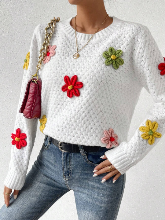 Essnce Women's Stereo Flower Design Round Neckline Pullover Sweater