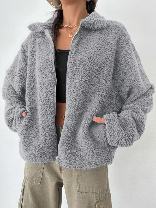 Women'S Drop Shoulder Teddy Fleece Regular Fit Jacket