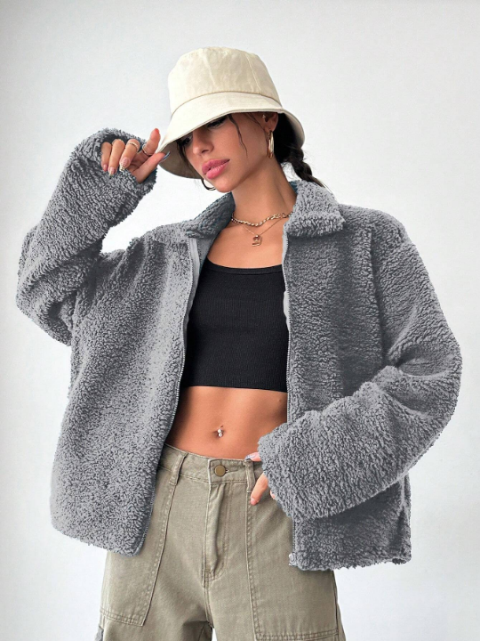 Women'S Drop Shoulder Teddy Fleece Regular Fit Jacket