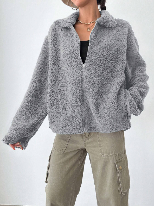 Women'S Drop Shoulder Teddy Fleece Regular Fit Jacket