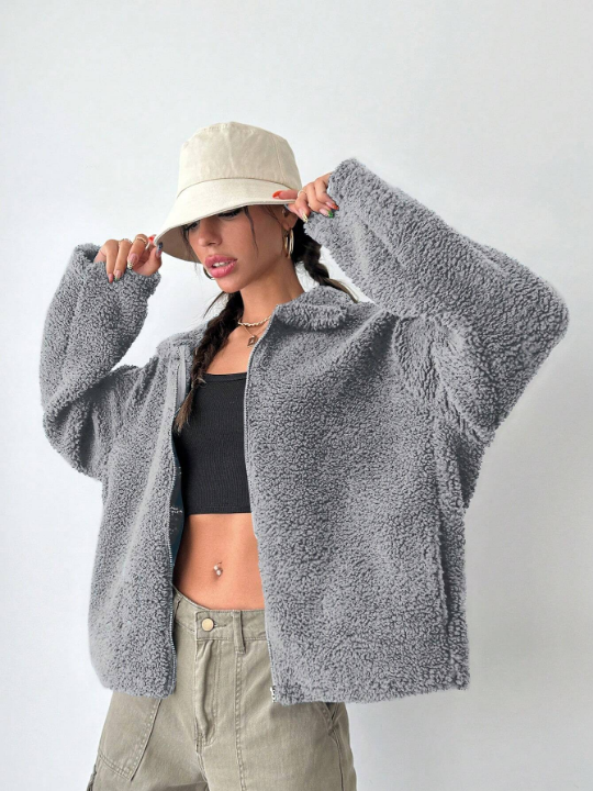 Women'S Drop Shoulder Teddy Fleece Regular Fit Jacket