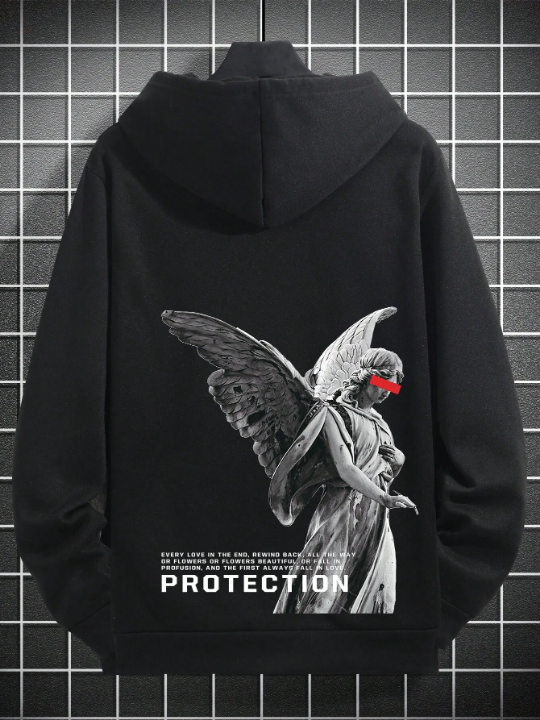 Manfinity EMRG Loose Men's Black Angel Pattern Hooded Drawstring Casual Sweatshirt