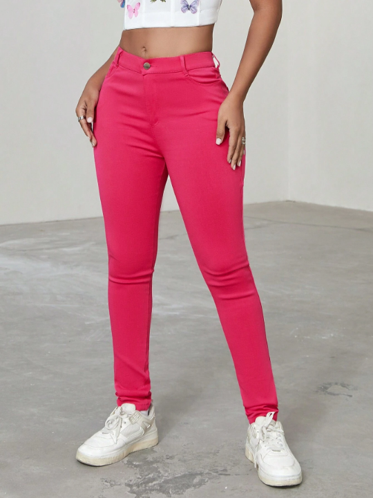 Apperloth A Y2K Pink High Waist Elastic Slant Pocket Comfy Skinny Tapered Pants Daily Casual Shapeable Trousers Valentine Outfit