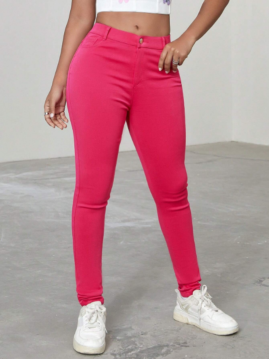 Apperloth A Y2K Pink High Waist Elastic Slant Pocket Comfy Skinny Tapered Pants Daily Casual Shapeable Trousers Valentine Outfit