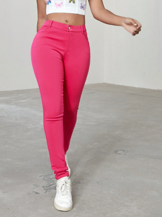 Apperloth A Y2K Pink High Waist Elastic Slant Pocket Comfy Skinny Tapered Pants Daily Casual Shapeable Trousers Valentine Outfit