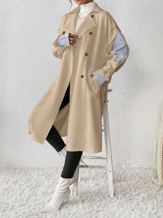 Priv Women'S Drop Shoulder Notched Lapel Solid Color Windbreaker Coat