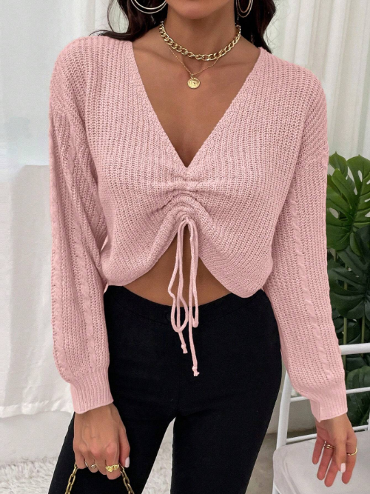 Essnce Casual V-neck Drawstring Drop Shoulder Sweater