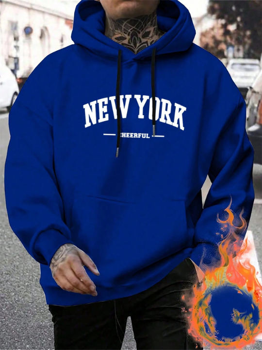 Manfinity Sporsity Men's Letter Print Drawstring Hooded Fleece Sweatshirt