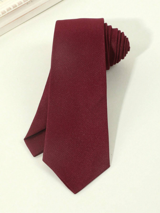 1pc Men's Solid Wine Red & Horizontal Stripe Pattern Lightweight Necktie Suitable For Business, Banquet And Daily Wear