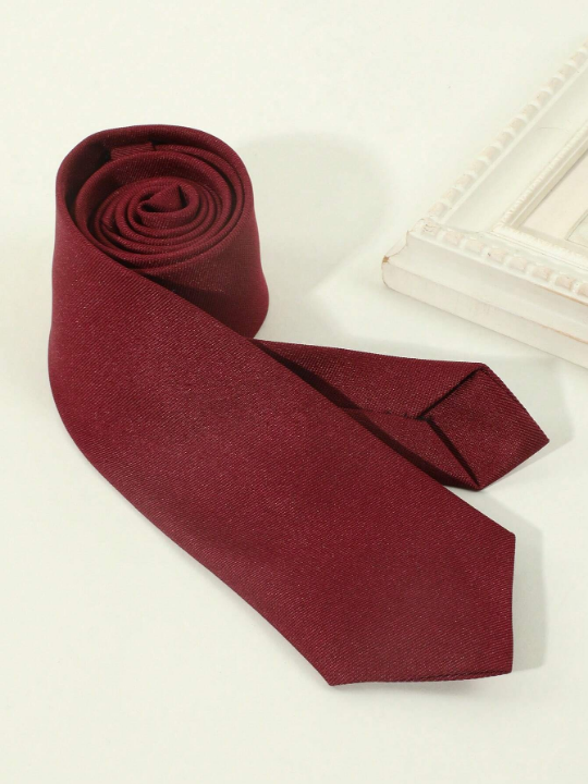 1pc Men's Solid Wine Red & Horizontal Stripe Pattern Lightweight Necktie Suitable For Business, Banquet And Daily Wear