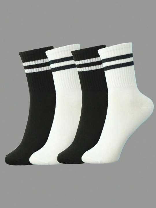 4 Pairs/pack Men's Pure Color Simple Style Mid-calf Socks (black/white)