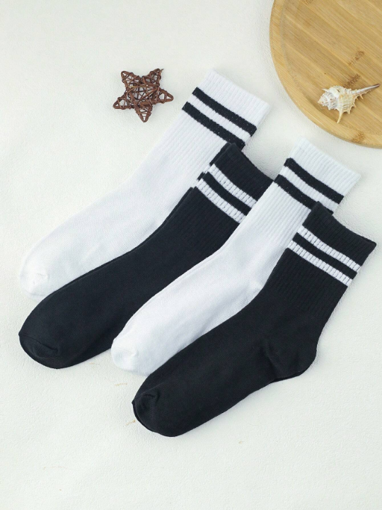 4 Pairs/pack Men's Pure Color Simple Style Mid-calf Socks (black/white)