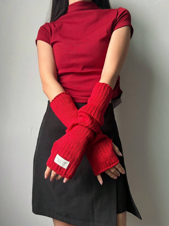 1 Pair Women's Autumn & Winter Warm Red Gloves & Arm Sleeves Set, Thick Knitted Y2k Style Red Gloves With Fingerless Design & Knitted Arm Sleeves. Suitable For Winter Warmth, Going Out, Dating, Parties, Christmas And More Occasions