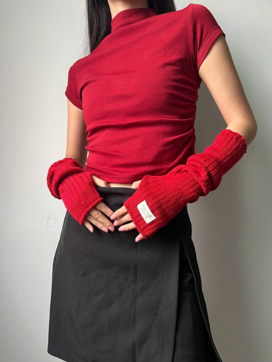 1 Pair Women's Autumn & Winter Warm Red Gloves & Arm Sleeves Set, Thick Knitted Y2k Style Red Gloves With Fingerless Design & Knitted Arm Sleeves. Suitable For Winter Warmth, Going Out, Dating, Parties, Christmas And More Occasions