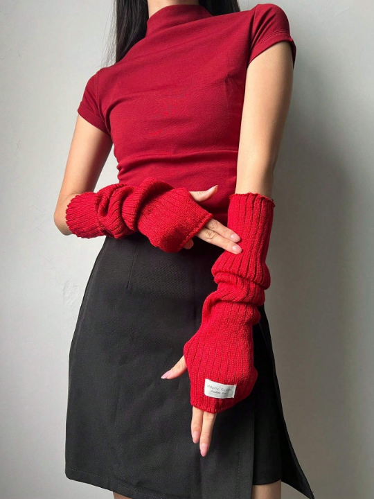 1 Pair Women's Autumn & Winter Warm Red Gloves & Arm Sleeves Set, Thick Knitted Y2k Style Red Gloves With Fingerless Design & Knitted Arm Sleeves. Suitable For Winter Warmth, Going Out, Dating, Parties, Christmas And More Occasions