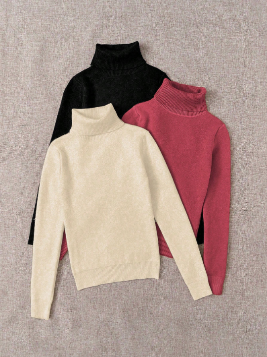 Essnce 3pcs/set Solid Color High Neck Fleece Sweater Set