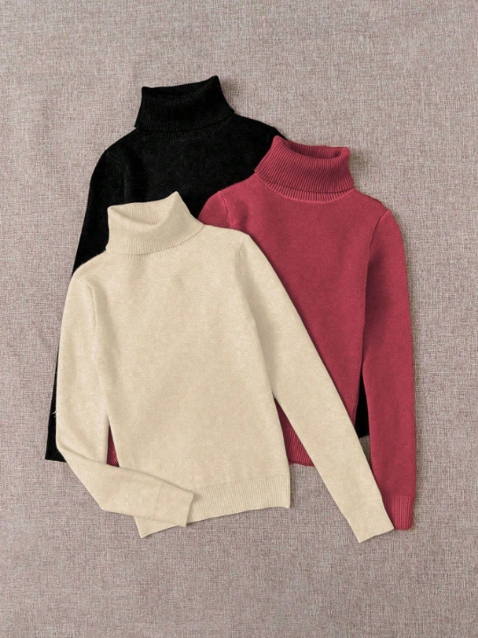 Essnce 3pcs/set Solid Color High Neck Fleece Sweater Set