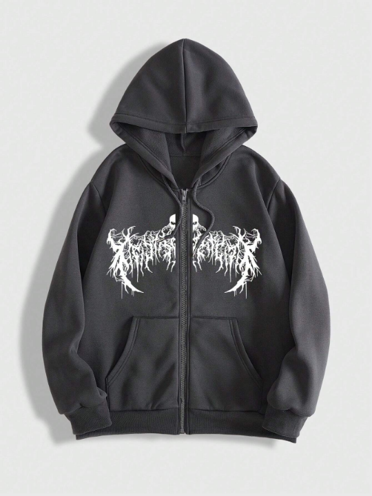 ROMWE Goth Men Graphic Zip Up Thermal Lined Hoodie