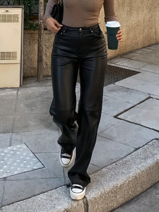 Women's Solid Color Straight Leg Leather Pants With Pockets