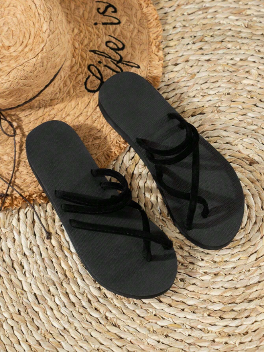 Women's Simple Casual Soft And Comfortable Lightweight Flip Flops With Toe Post In Black, Summer Plastic Wedge Heel Room Shoes Flat Sandals For Parties, Holidays And Beach