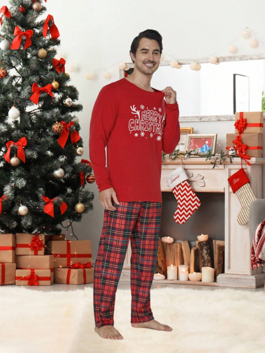 2pcs/set Men's Christmas Family Matching Pajamas, Funny Reindeer Plaid Long Sleeve Top And Pants, Holiday Leisure Soft Homewear Set