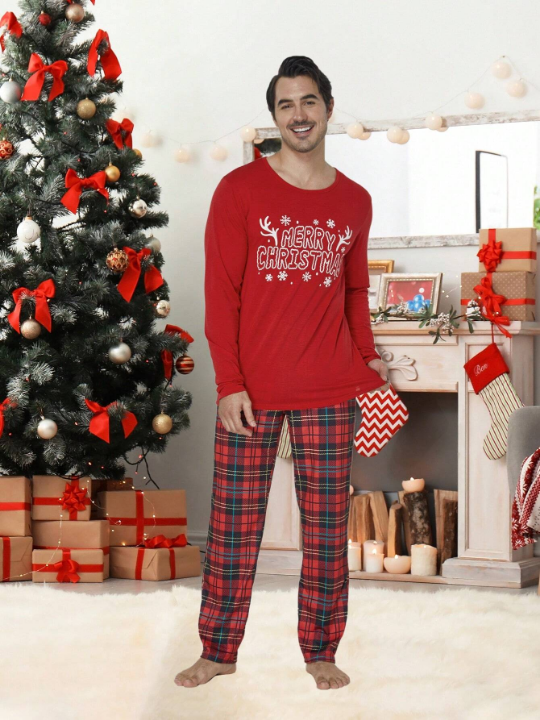 2pcs/set Men's Christmas Family Matching Pajamas, Funny Reindeer Plaid Long Sleeve Top And Pants, Holiday Leisure Soft Homewear Set