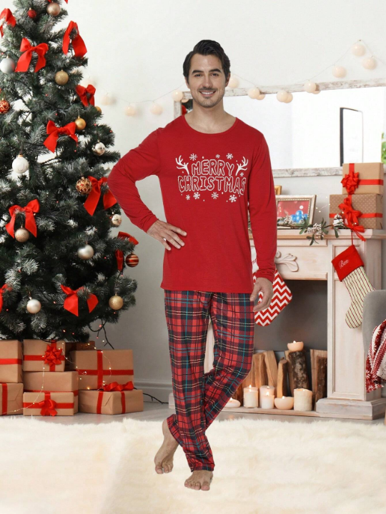 2pcs/set Men's Christmas Family Matching Pajamas, Funny Reindeer Plaid Long Sleeve Top And Pants, Holiday Leisure Soft Homewear Set