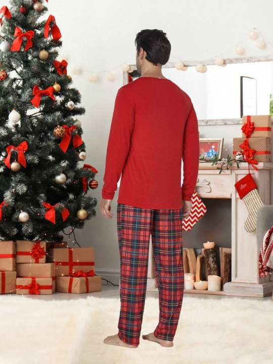 2pcs/set Men's Christmas Family Matching Pajamas, Funny Reindeer Plaid Long Sleeve Top And Pants, Holiday Leisure Soft Homewear Set