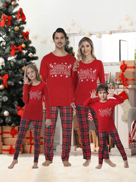 2pcs/set Men's Christmas Family Matching Pajamas, Funny Reindeer Plaid Long Sleeve Top And Pants, Holiday Leisure Soft Homewear Set