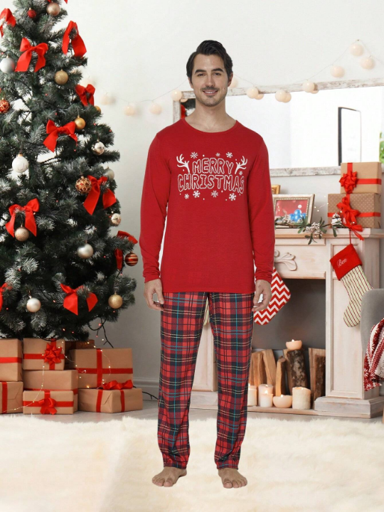 2pcs/set Men's Christmas Family Matching Pajamas, Funny Reindeer Plaid Long Sleeve Top And Pants, Holiday Leisure Soft Homewear Set