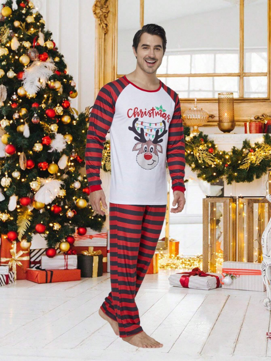 2pcs/set Men's Christmas Family Matching Pajamas Set, Reindeer Striped Long Sleeve Top & Long Pants, Holiday Leisure Homewear