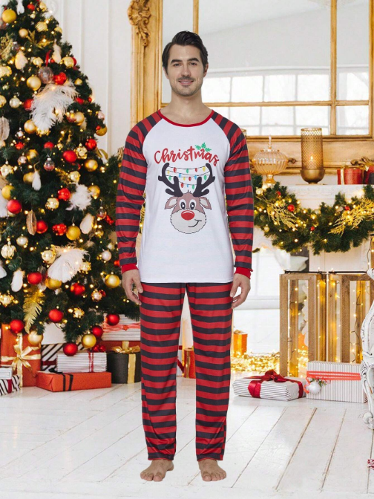 2pcs/set Men's Christmas Family Matching Pajamas Set, Reindeer Striped Long Sleeve Top & Long Pants, Holiday Leisure Homewear