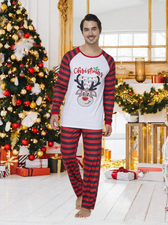 2pcs/set Men's Christmas Family Matching Pajamas Set, Reindeer Striped Long Sleeve Top & Long Pants, Holiday Leisure Homewear